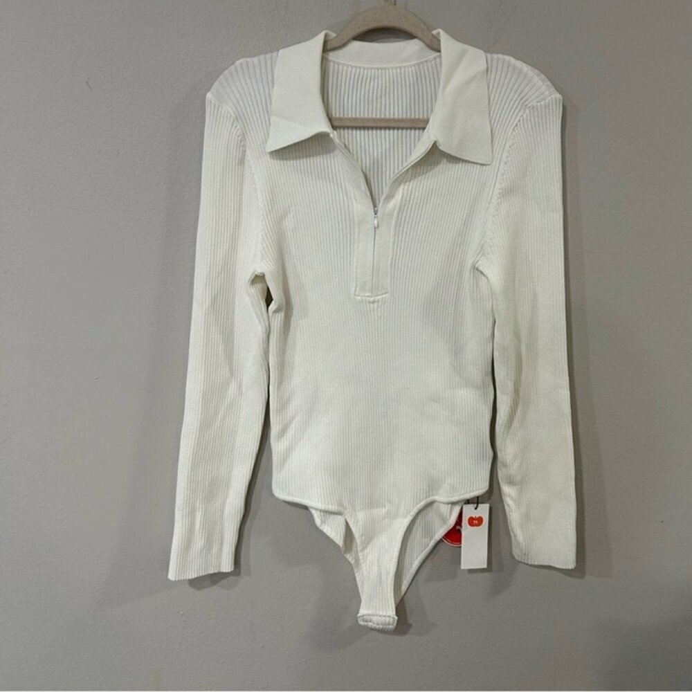 NWT Cider White Ribbed Long Sleeve Half Zip Collar Bodysuit Women’s Size XL - Picture 2 of 6